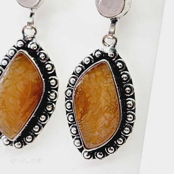 Jasper Rose Quartz Handmade Drop Dangle Earrings Jewelry 2.6" - Picture 3 of 11